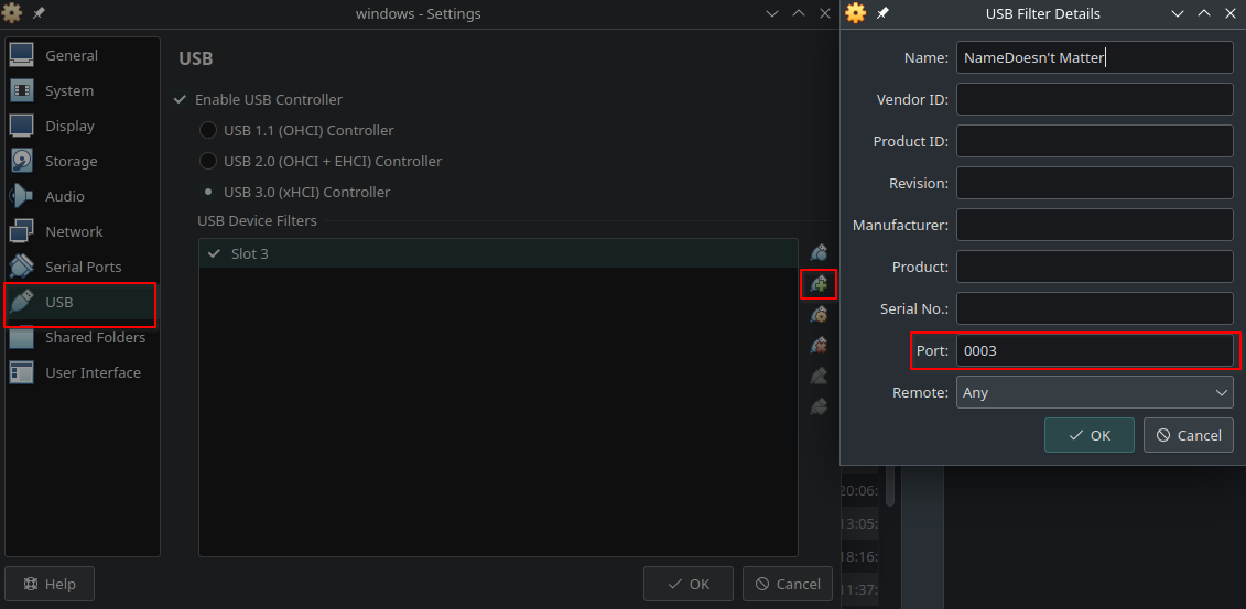 VirtualBox USB device filter configuration